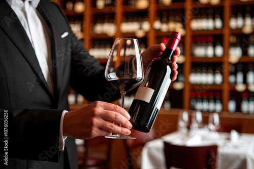 Professional sommelier holding a wine glass and bottle, ready to serve photo