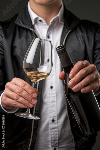 Professional sommelier holding a wine glass and bottle, ready to serve photo