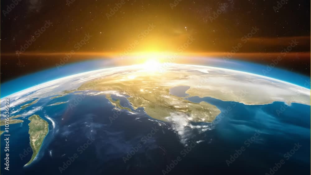 Stunning view of the Earth from space as sunlight rises over the horizon, symbolizing new beginnings and global unity. Ideal for concepts of hope and inspiration. Stunning view of the Earth from space as sunlight rises over the horizon, symbolizing new beginnings and global unity. Ideal for concepts of hope and inspiration.