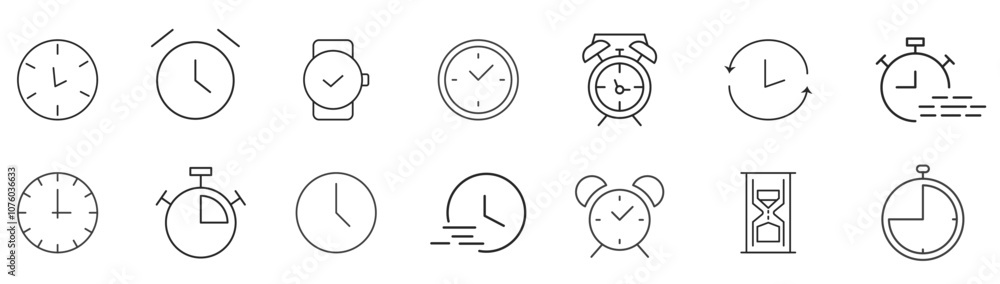 Time and clock line icons set. Calendar, timer, watch, speed, date and management. vector. editable Time and clock line icons set. Calendar, timer, watch, speed, date and management. vector. editable