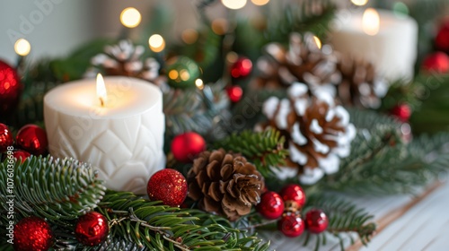 Elegant Christmas Display with Candles, Pinecones, Red Berries, and Fresh Evergreen Foliage Creating a Festive and Cozy Atmosphere for Holiday Celebrations