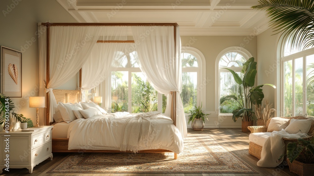 A luxurious bedroom with a four-poster bed and a large window overlooking a tropical garden. A luxurious bedroom with a four-poster bed and a large window overlooking a tropical garden.