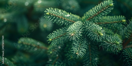 Beautiful Christmas Background with green fir tree brunch close up. Copy space