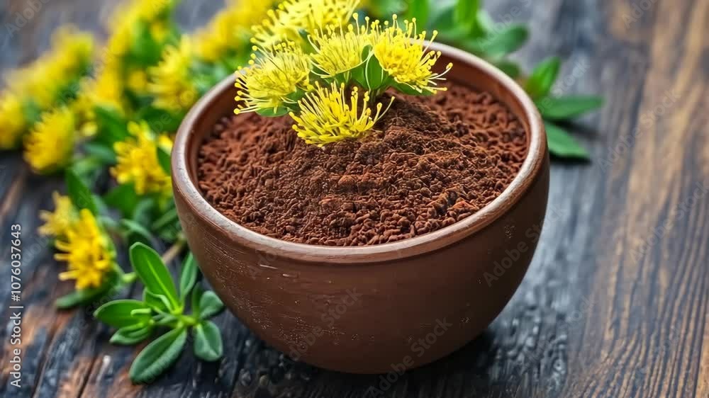 A bowl of ground Rhodiola rosea root powder sits on a wooden surface, surrounded by fresh Rhodiola rosea plants A bowl of ground Rhodiola rosea root powder sits on a wooden surface, surrounded by fresh Rhodiola rosea plants