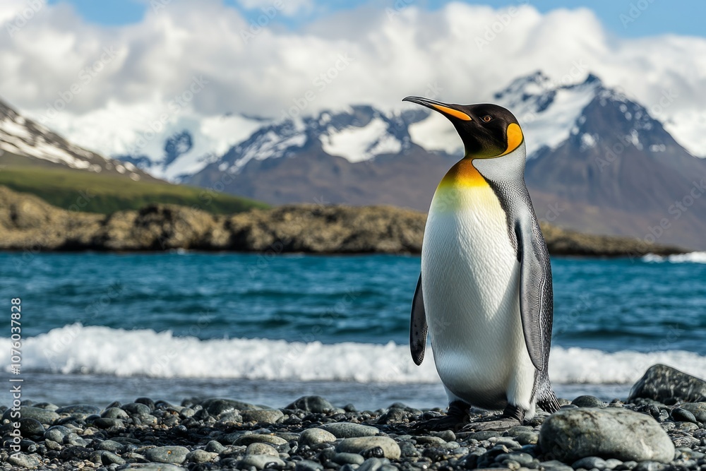 Fototapeta premium A majestic king penguin stands on rocky shore. The beautiful mountains and ocean create a stunning backdrop. Nature photography with a focus on wildlife. Generative AI