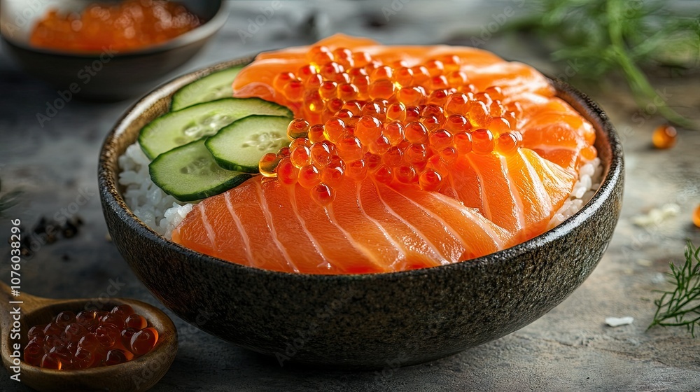 Vibrant Salmon Donburi with Fresh Cucumbers and Roe Vibrant Salmon Donburi with Fresh Cucumbers and Roe