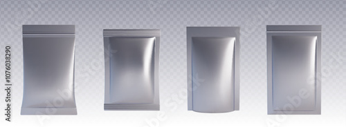 Foil pouch bag mockup. Plastic sachet pack for food or snack vector mock up. 3d silver aluminum zipper package template. Clear mask or chips pillow wrap sample. Medicine or powder gray container
