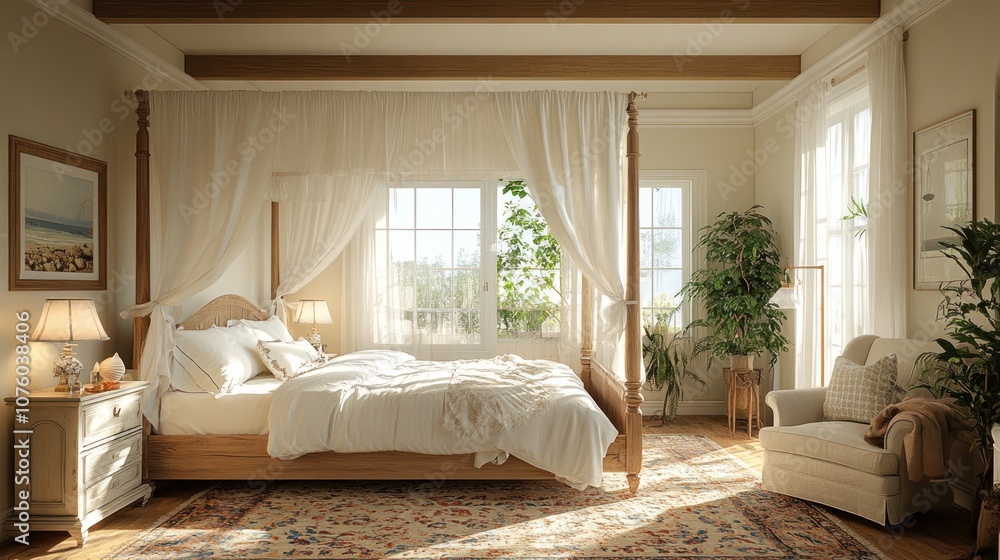 A bright and airy bedroom with a four-poster bed, white linens, a rug, and a comfortable armchair. A bright and airy bedroom with a four-poster bed, white linens, a rug, and a comfortable armchair.