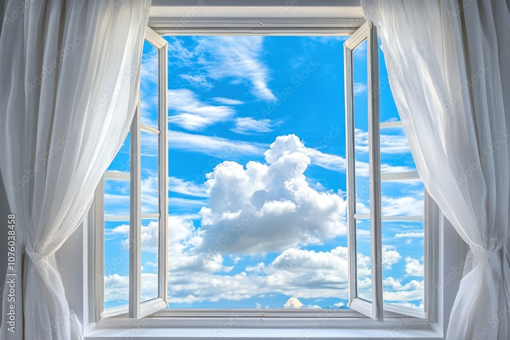 A serene view of fluffy clouds and blue sky through an open window with flowing curtains. A serene view of fluffy clouds and blue sky through an open window with flowing curtains.
