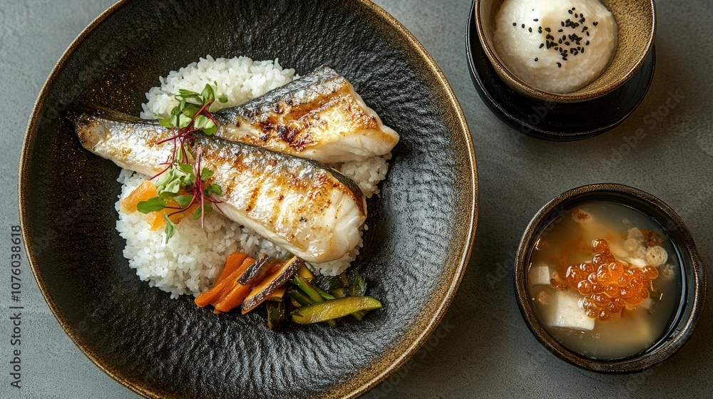 Exquisite Japanese Dish with Rice and Vegetables Exquisite Japanese Dish with Rice and Vegetables