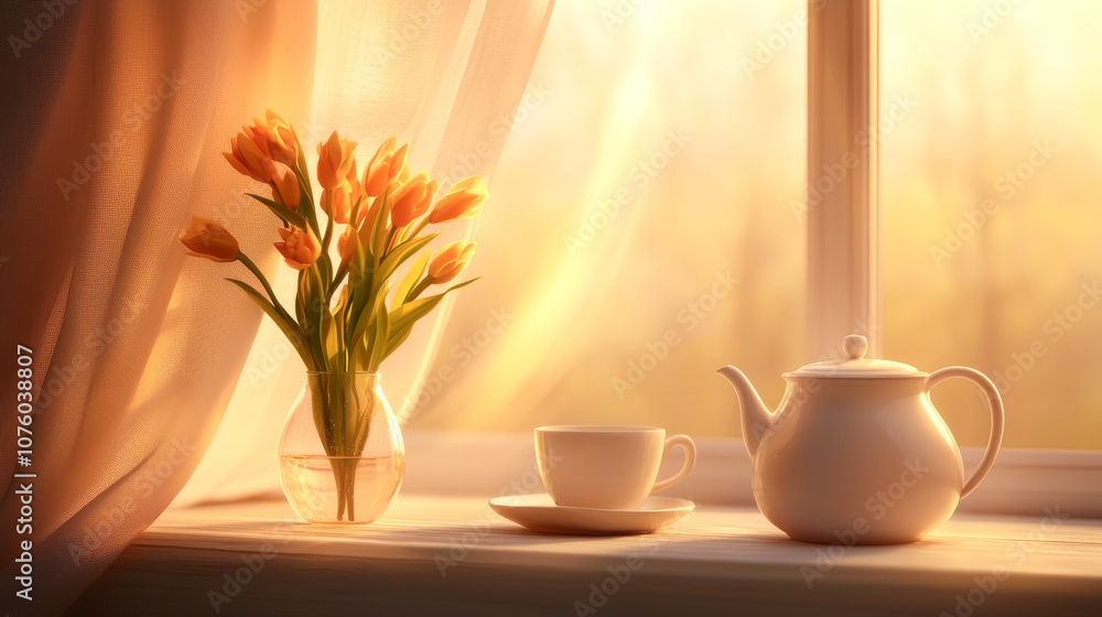 A serene morning setup with a teapot and flowers by the window, glowing in sunlight. A serene morning setup with a teapot and flowers by the window, glowing in sunlight.