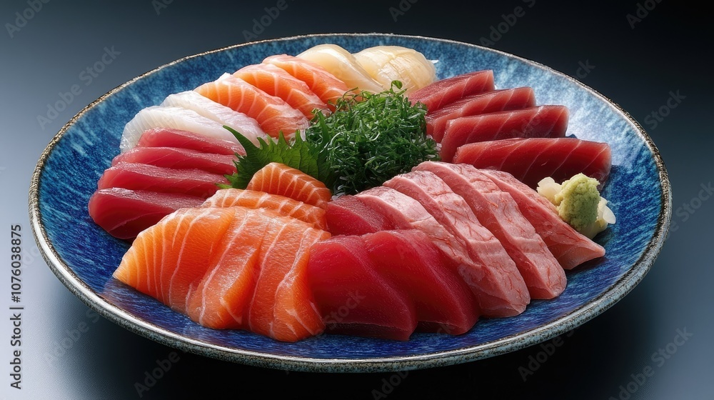 Assorted Sashimi Plate with Fresh Ingredients Displayed Assorted Sashimi Plate with Fresh Ingredients Displayed