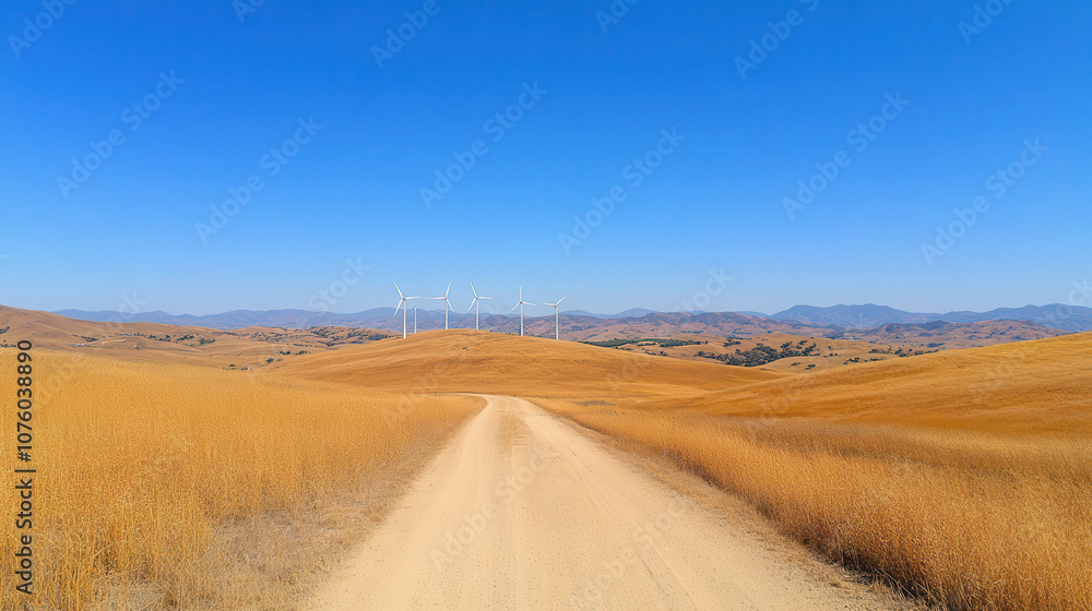 scenic view of wind turbines on hill, surrounded by golden grass and blue skies, evokes sense of tranquility and sustainability scenic view of wind turbines on hill, surrounded by golden grass and blue skies, evokes sense of tranquility and sustainability