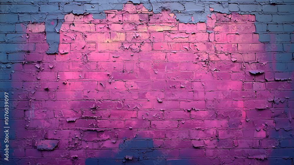 Obraz premium Urban Texture: A weathered brick wall painted in vibrant pink and purple hues, showcasing the raw beauty of urban decay and the artistry of street art. 