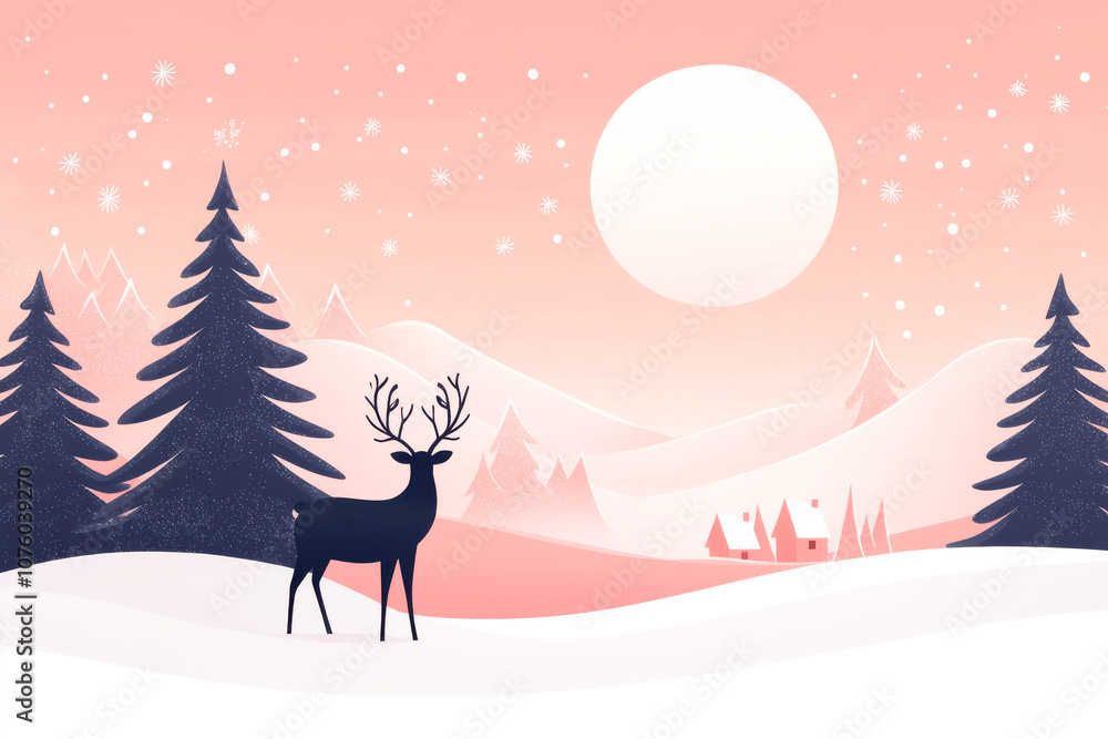 A serene winter landscape featuring a deer under a pink sky with a bright moon. A serene winter landscape featuring a deer under a pink sky with a bright moon.
