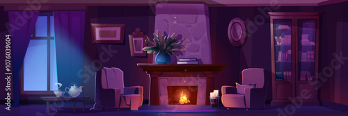 Night cozy interior illuminated by burning fireplace and moonlight through curtained window. Dark empty living room with tea pot and cups on table, soft armchairs and bookcase, vase with plants.