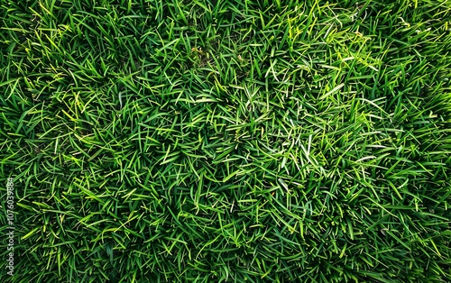 Soccer field background. Mowed lawn, cut grass. Football pitch texture. Top view backyard fresh greenery. Lush nature poster. Drone shot, copy space, aerial view. Green field banner. AI generated