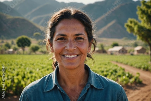 Close portrait of a smiling 40s Cabo Verdean female farmer standing and looking at the camera, outdoors Cabo Verdean rural blurred background photo