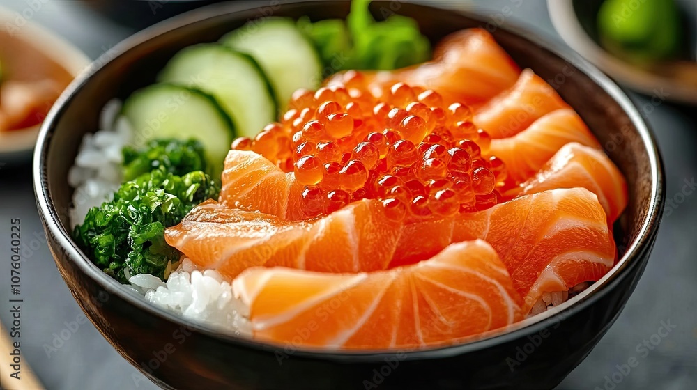 Vibrant Salmon Donburi Bowl with Fresh Garnishes Vibrant Salmon Donburi Bowl with Fresh Garnishes