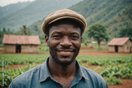 Close portrait of a smiling 40s Cameroonian male farmer standing and looking at the camera, outdoors Cameroonian rural blurred background