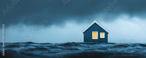 A solitary house surrounded by turbulent water under a dramatic stormy sky.