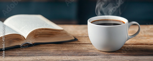 A steaming cup of coffee beside an open book on a rustic wooden table.