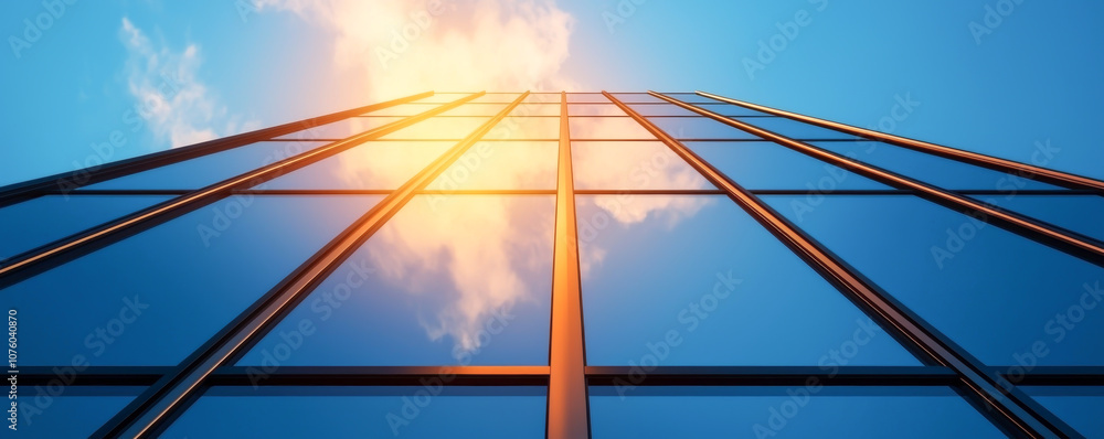 A stunning view of a modern skyscraper reaching towards a blue sky with clouds. A stunning view of a modern skyscraper reaching towards a blue sky with clouds.