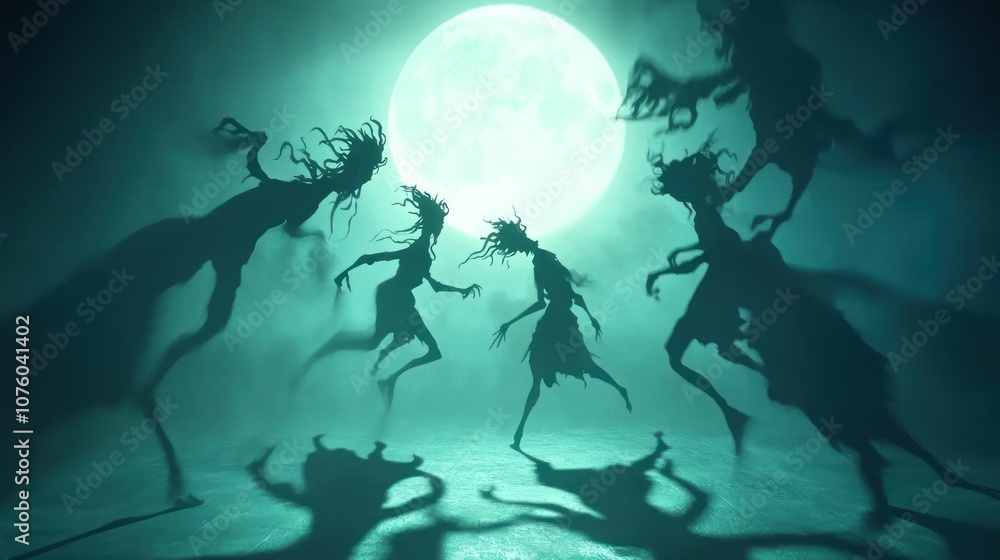 Ethereal figures dance under a full moon, casting eerie shadows in a misty atmosphere. Ethereal figures dance under a full moon, casting eerie shadows in a misty atmosphere.