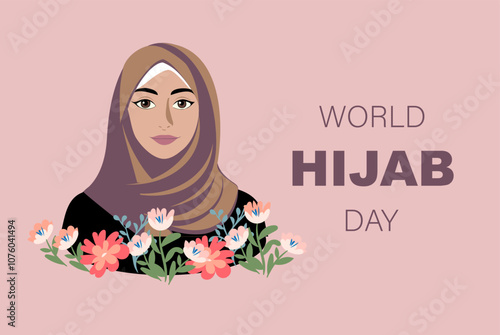 World hijab day,  1 February. A Muslim woman in a hijab. Vector illustration