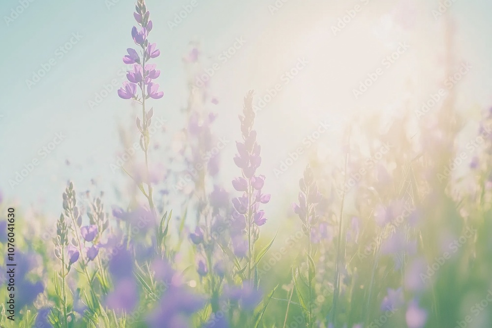 Obraz premium Field of purple flowers with bright sun in the background. The scene is peaceful and serene, background for design works. Spring joyful background.
