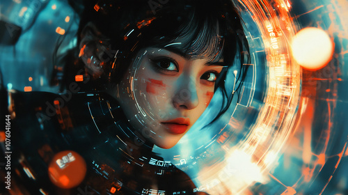 Digital, futuristic, stylish and cool Japanese anime-style illustrations that seem to be inspired by generative AI.