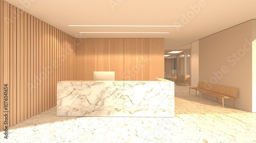 Wallpaper Mural A luxury, modern reception area in a beauty salon with beige wood paneling on the walls and a white marble counter, designed for a medical clinic interior Torontodigital.ca
