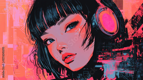 Digital, futuristic, stylish and cool Japanese anime-style illustrations that seem to be inspired by generative AI.