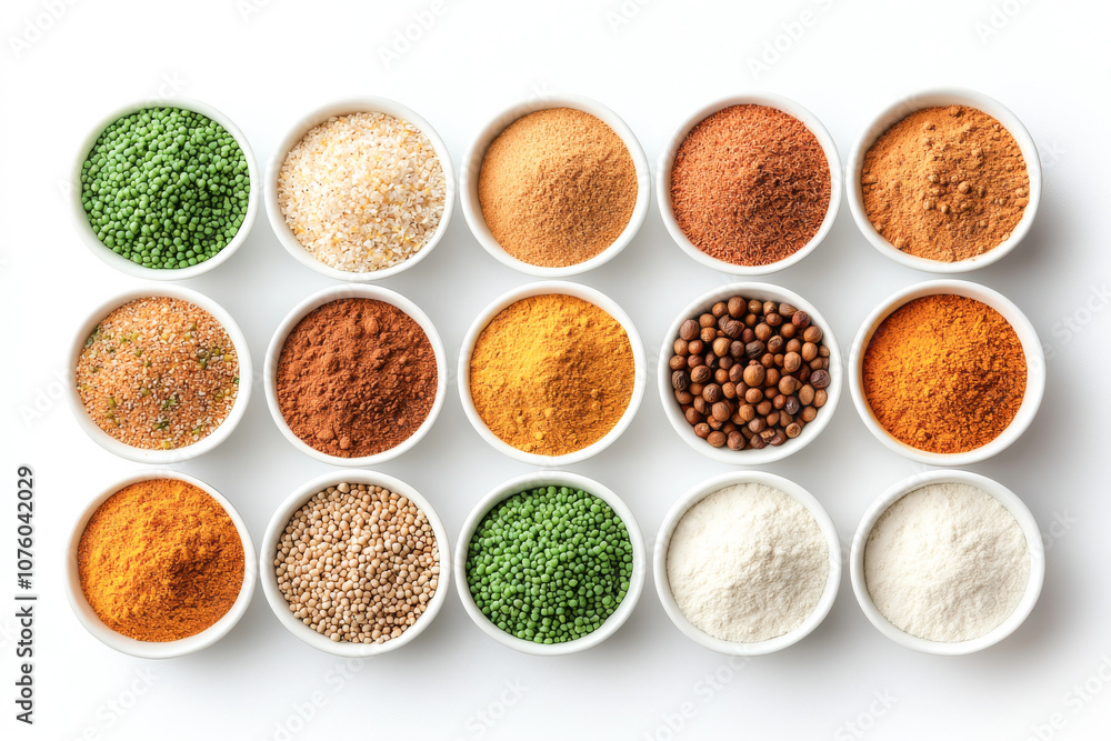 A vibrant assortment of spices displayed in small bowls on a clean white background. A vibrant assortment of spices displayed in small bowls on a clean white background.