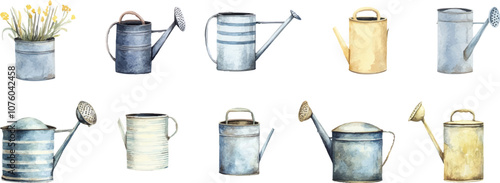 Watercolor illustrations of antique watering cans in various sizes and styles. Each one has a unique pattern or texture on a white background.