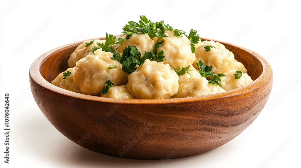 Rustic Bowl of Steaming Krapee with Fresh Herbs Rustic Bowl of Steaming Krapee with Fresh Herbs