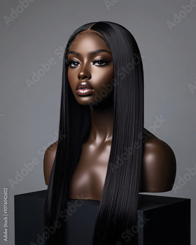 beautiful black woman with long straight hair on black background