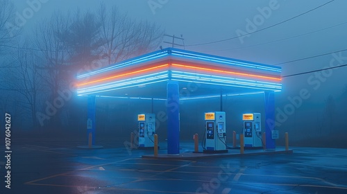 A blue neon-lit gas station in the middle of nowhere, shrouded in fog, a liminal space, eerie and atmospheric. photo