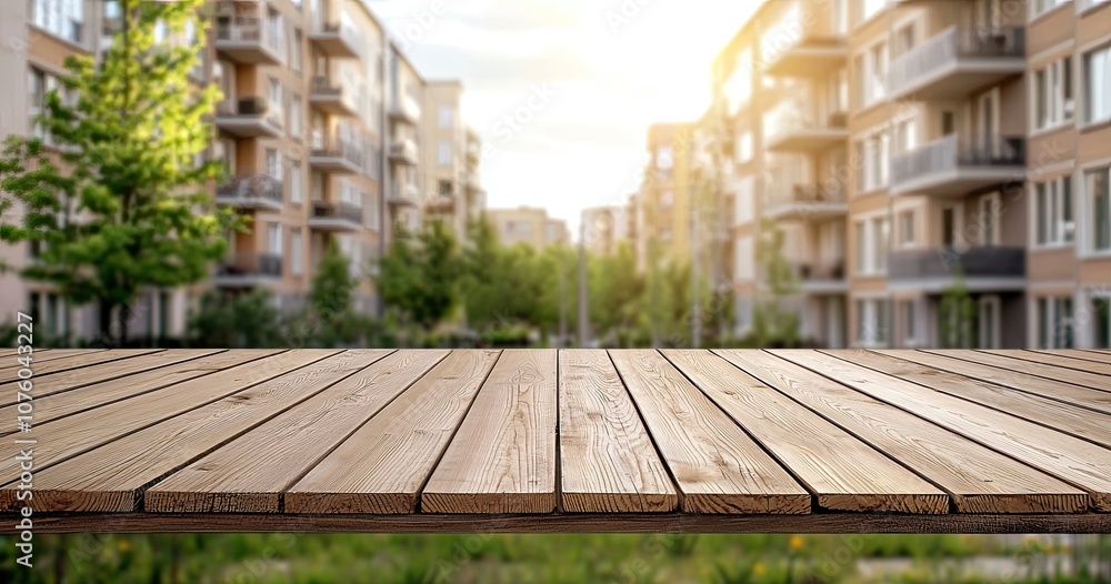 Empty wooden table top with a blurred background of a window and apartment building in the city, for a product display montage Empty wooden table top with a blurred background of a window and apartment building in the city, for a product display montage
