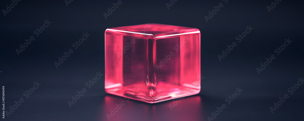 A vibrant pink glass cube reflecting light in a dark background for modern design. A vibrant pink glass cube reflecting light in a dark background for modern design.