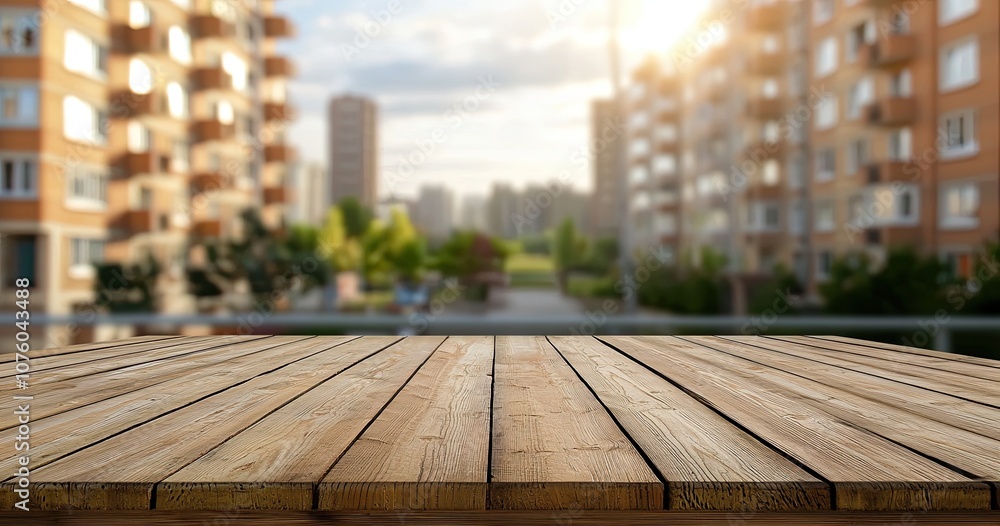 Empty wooden table top with a blurred background of a window and apartment building in the city, for a product display montage Empty wooden table top with a blurred background of a window and apartment building in the city, for a product display montage