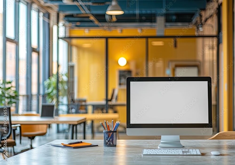 Naklejka premium Modern open-plan office interior with a white concrete floor, glass walls, and wooden furniture. On the table is a computer monitor mockup with a blank screen