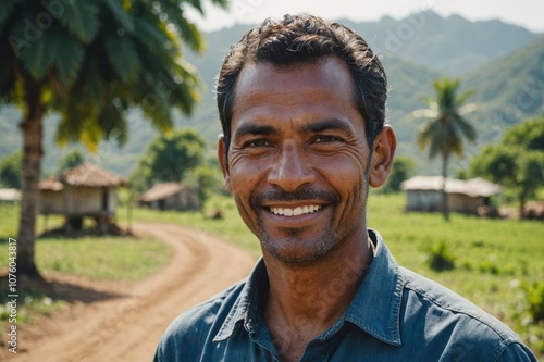 Close portrait of a smiling 40s East Timorese male farmer standing and looking at the camera, outdoors East Timorese rural blurred background photo