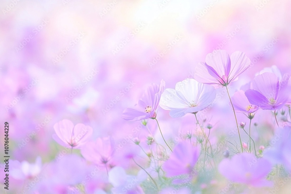 Field of purple flowers with bright sun in the background. The scene is peaceful and serene, background for design works. Spring joyful background. Field of purple flowers with bright sun in the background. The scene is peaceful and serene, background for design works. Spring joyful background.