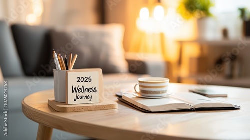 A cozy living space featuring a wooden table, wellness journal, pen holder, coffee cup, and warm lighting, perfect for a productive day. photo