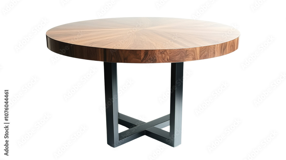 Round wooden table with modern metal base, isolated on white background. Round wooden table with modern metal base, isolated on white background.