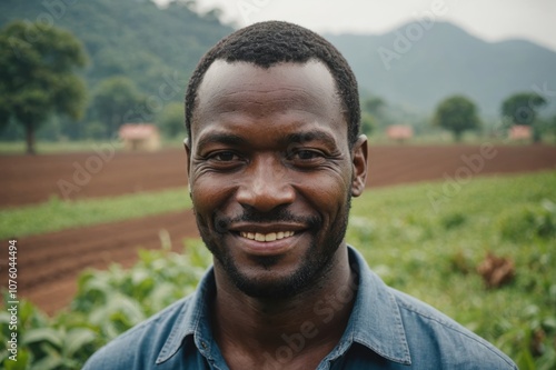 Close portrait of a smiling 40s Equatorial Guinean male farmer standing and looking at the camera, outdoors Equatorial Guinean rural blurred background