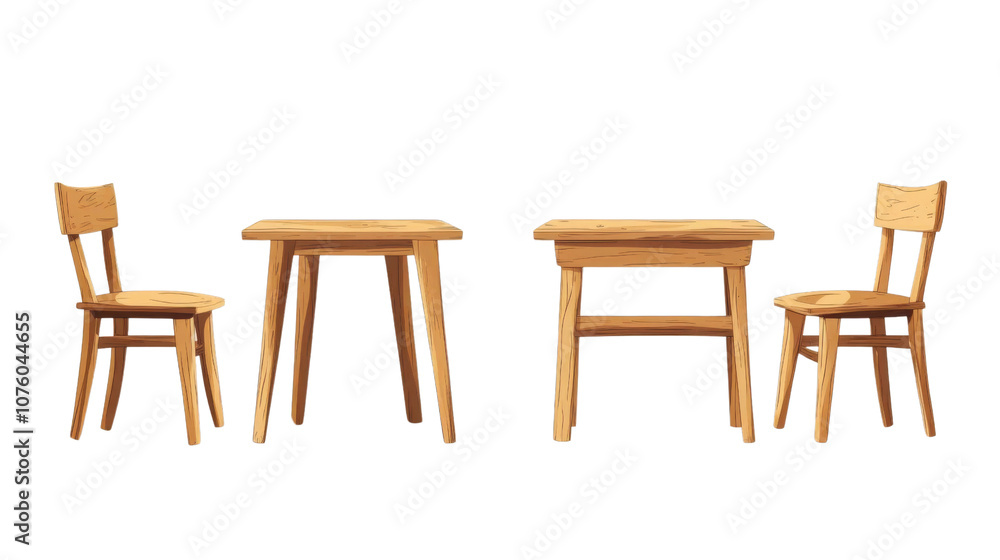 Wooden table and chairs set with colorful placemats, white isolated background Wooden table and chairs set with colorful placemats, white isolated background
