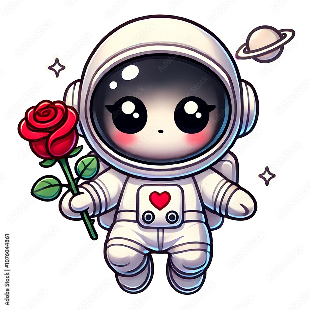A charming astronaut character holding a rose, symbolizing love and exploration. A charming astronaut character holding a rose, symbolizing love and exploration.