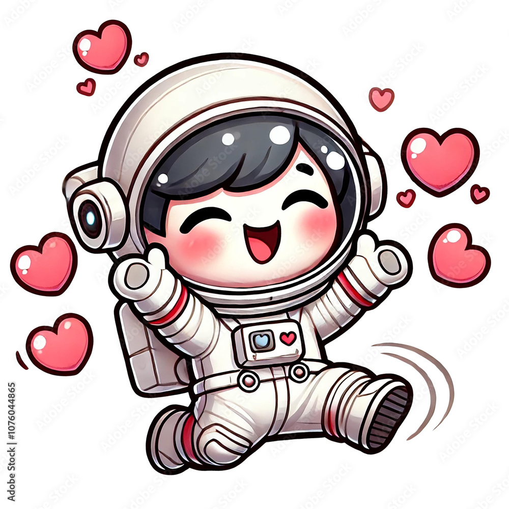 A cheerful astronaut character surrounded by hearts, symbolizing joy and love in space. A cheerful astronaut character surrounded by hearts, symbolizing joy and love in space.